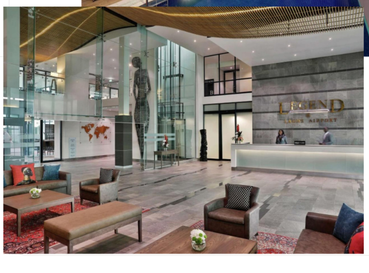 The reception and lounge seating in the Legend Hotel lobby
